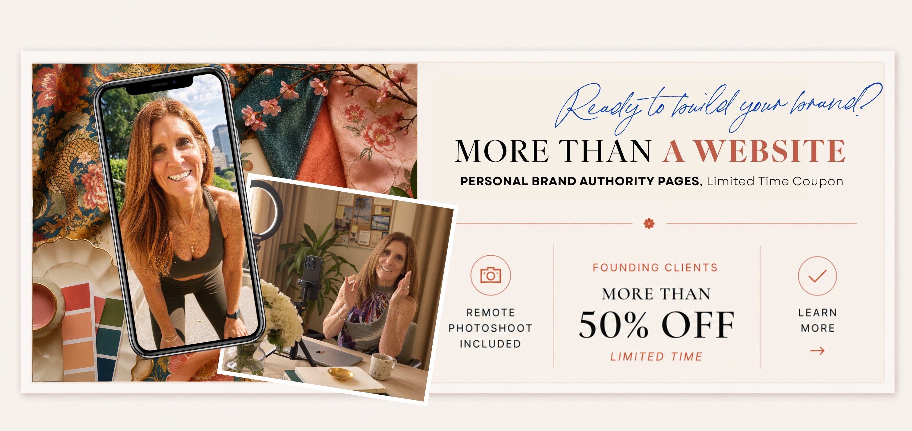 Personal Brand Authority Pages — More than 50% off, limited time coupon. Remote Photoshoot™ included. Founding clients, more than 50% off.