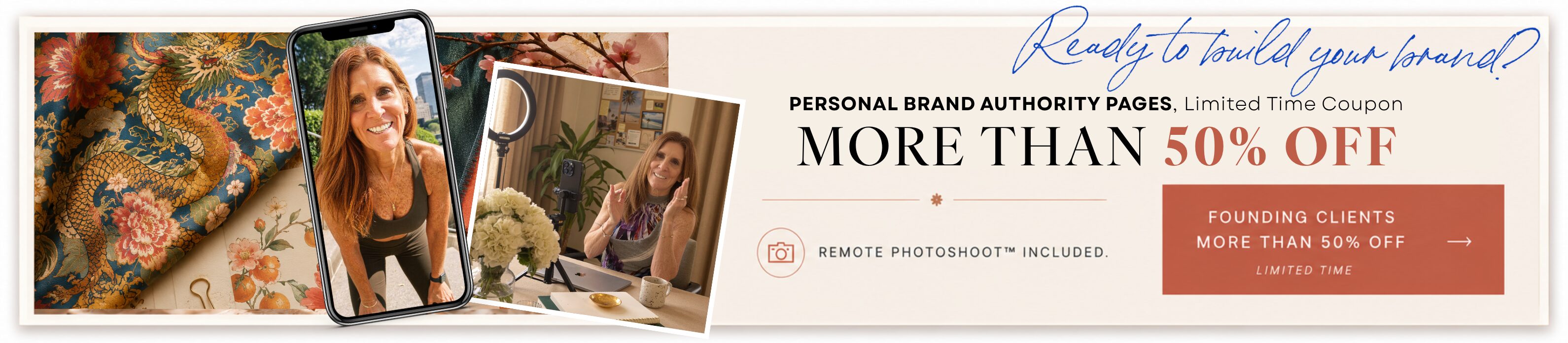 Personal Brand Authority Pages — More than 50% off, limited time coupon. Remote Photoshoot™ included. Founding clients, more than 50% off.