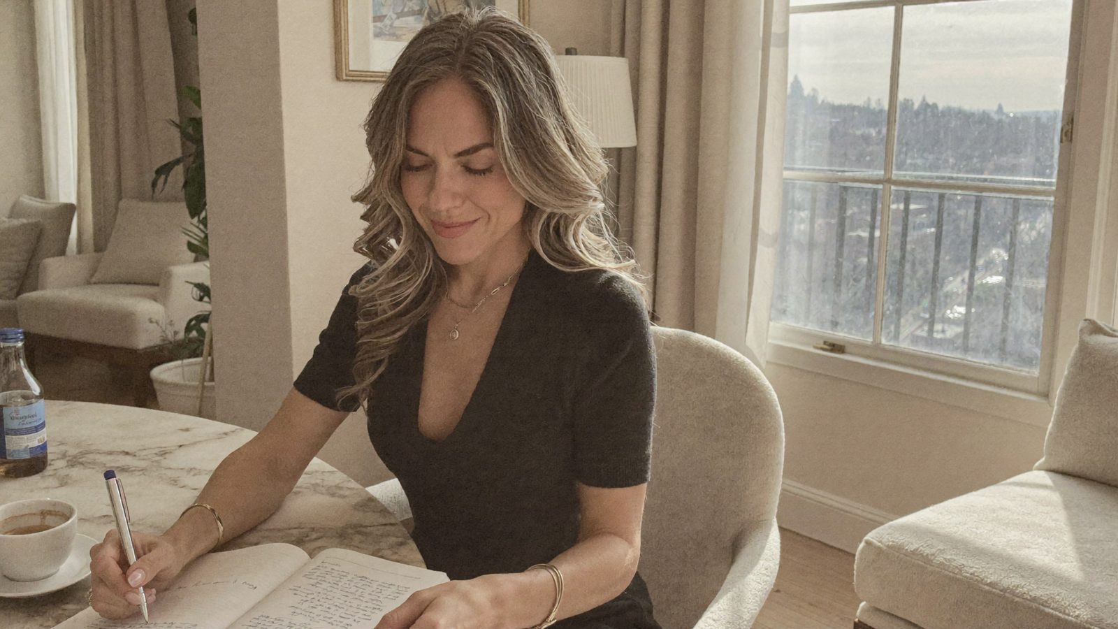 Elena Voss writing in her journal at a marble desk