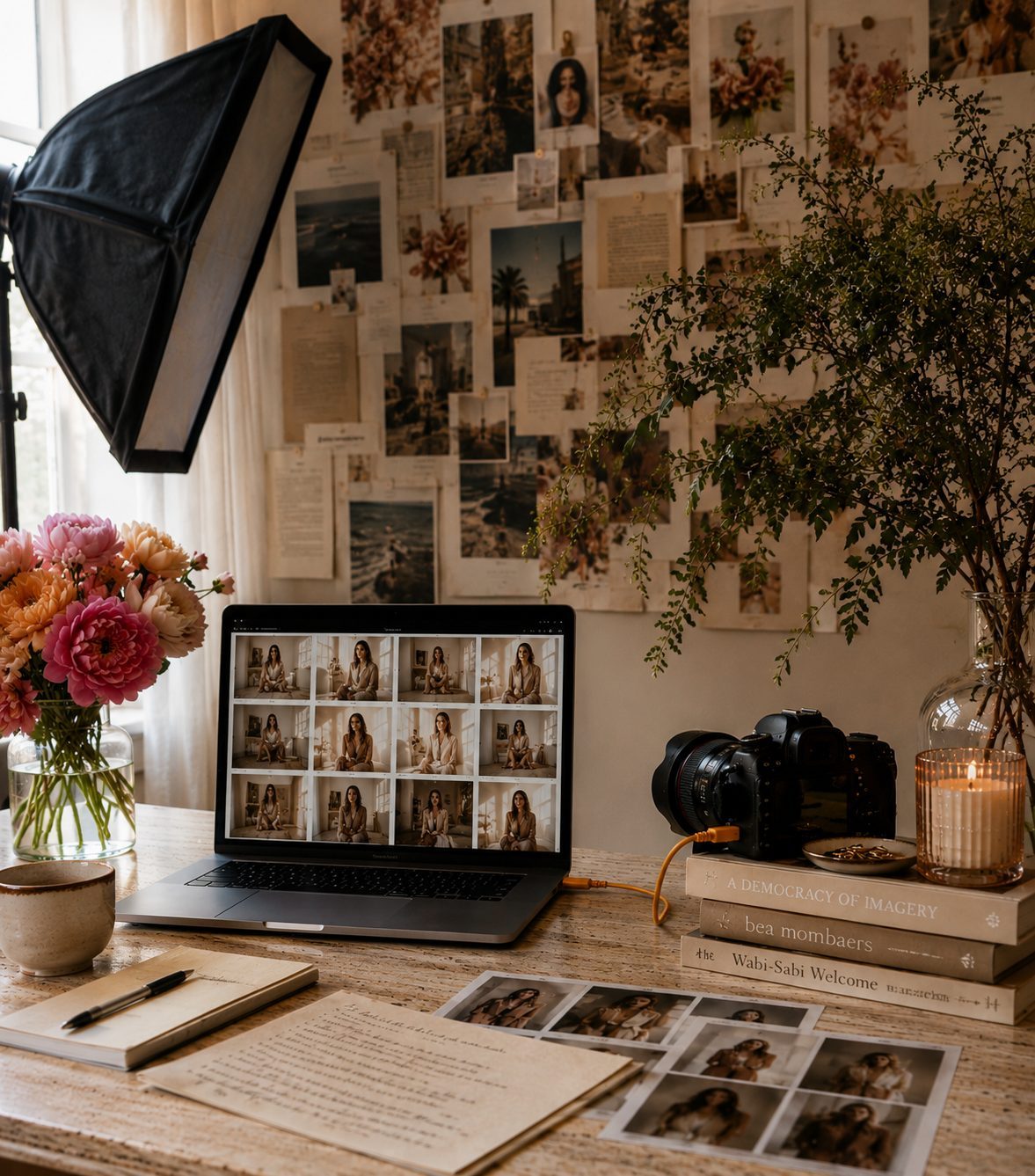 Creative studio desk — laptop with editorial portraits, camera, mood board, peonies, and candle