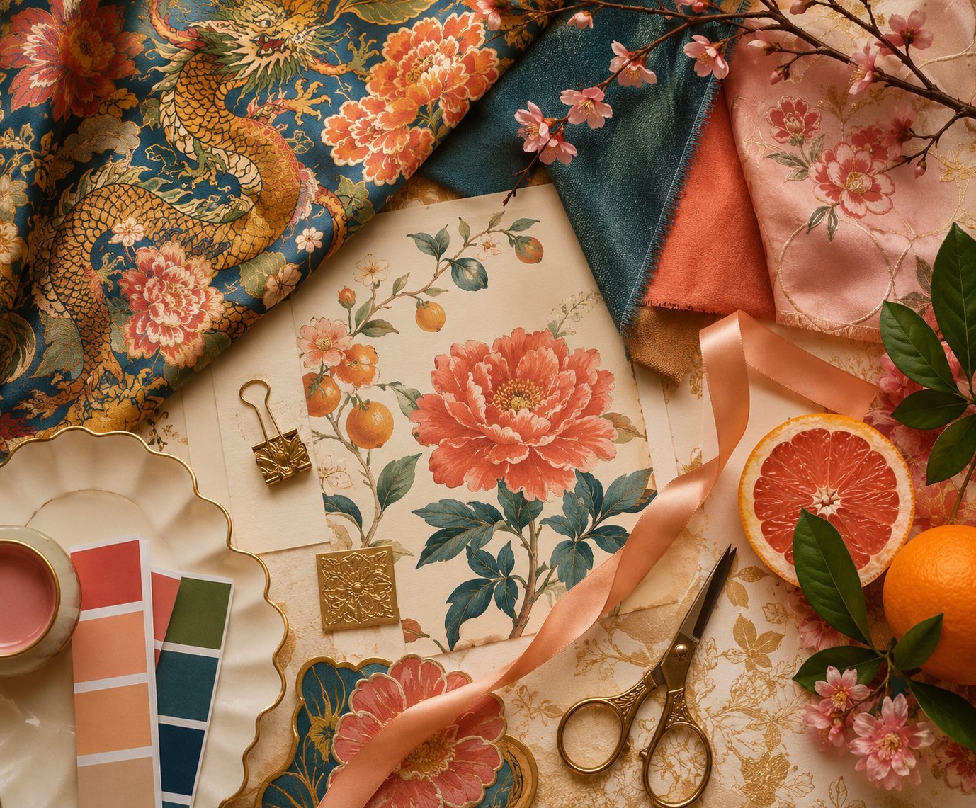 Creative direction — fabrics, florals, color swatches, and gold details